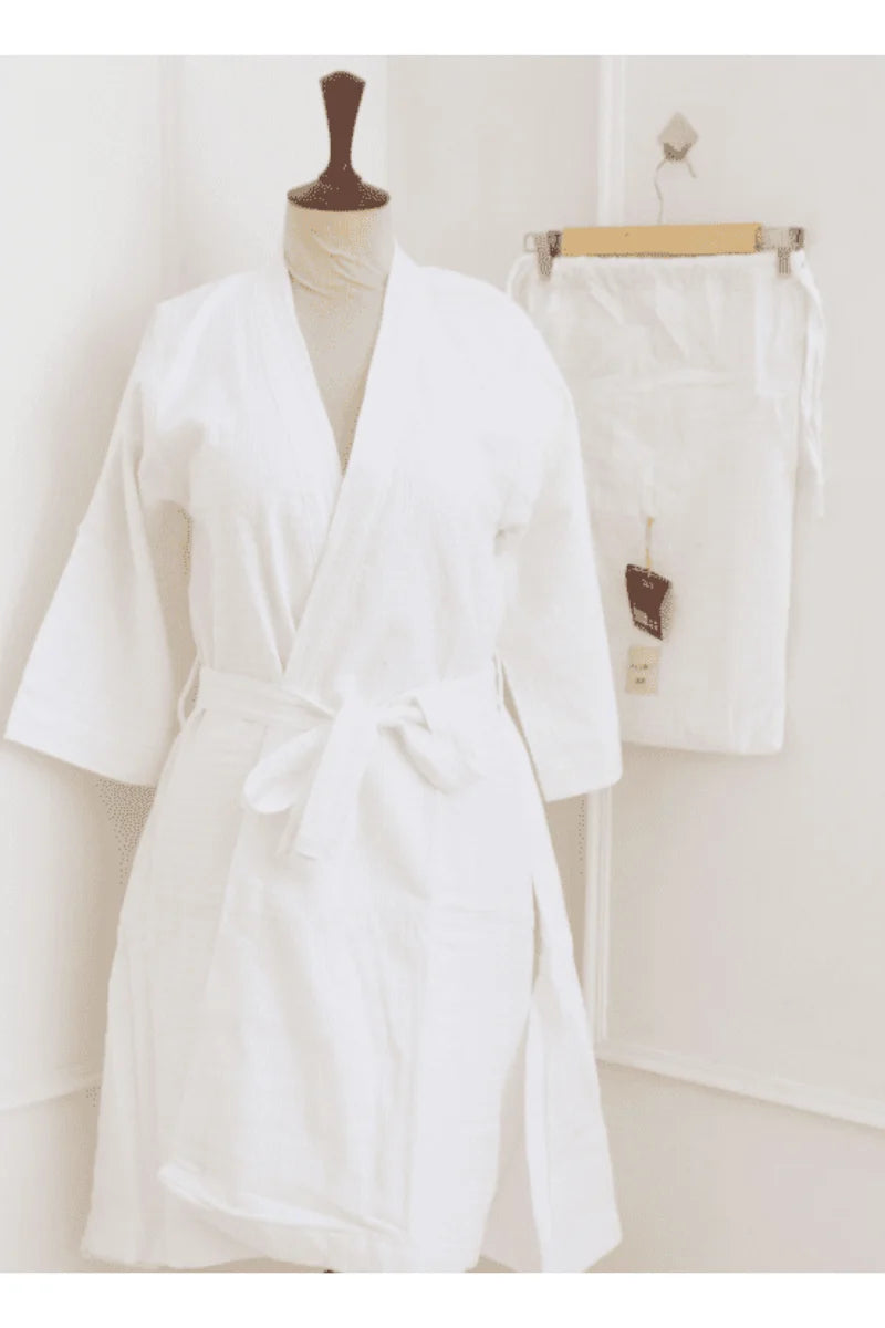 White Pleated Cotton Bathrobe Set | Unisex | Soft & Stylish