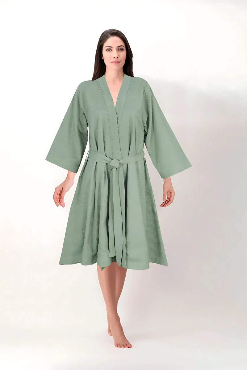 Dark Green Pleated Cotton Bathrobe Set | Unisex | Soft & Stylish