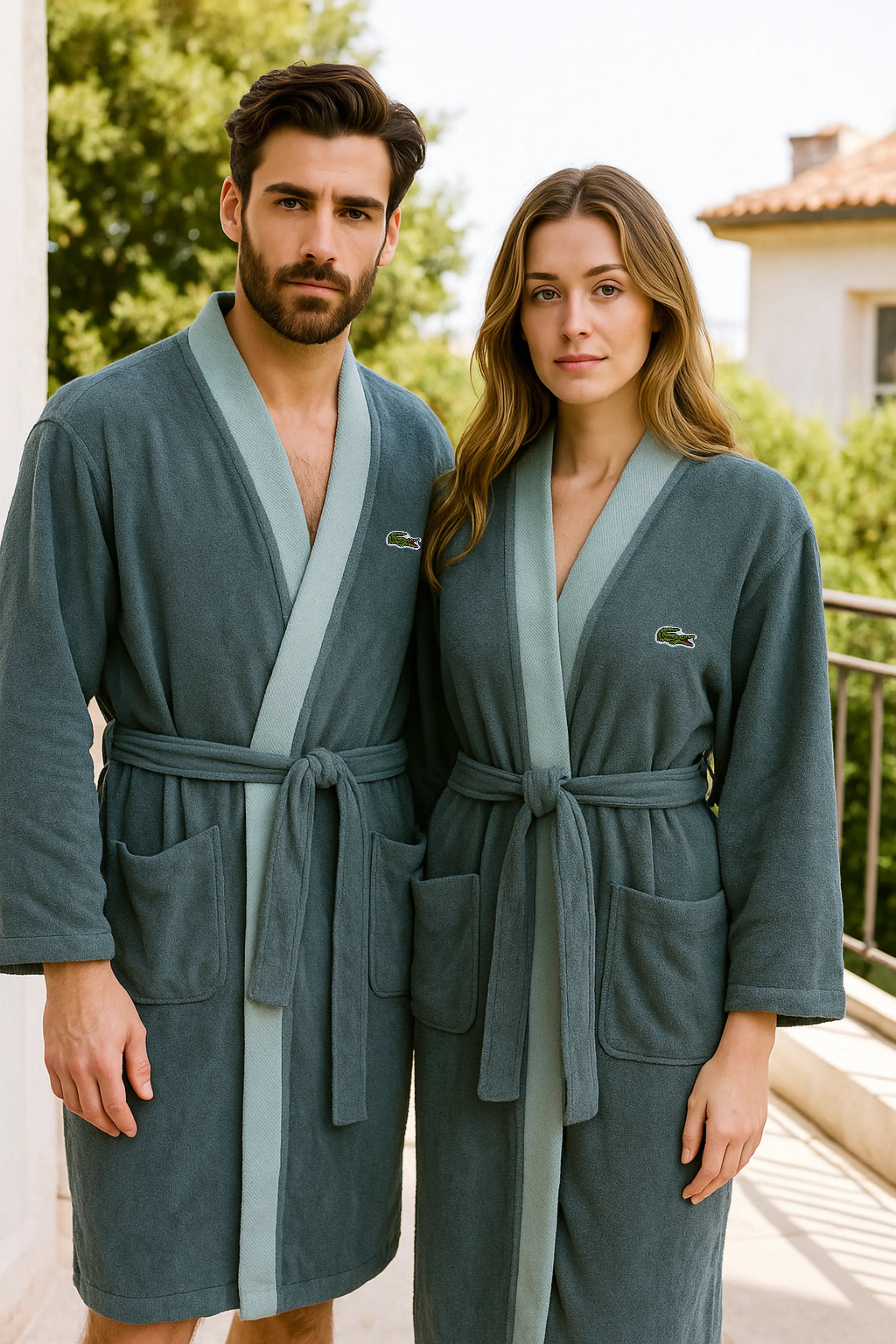 Premium Lacoste Cotton Bathrobe | 100% Cotton | Light Teal