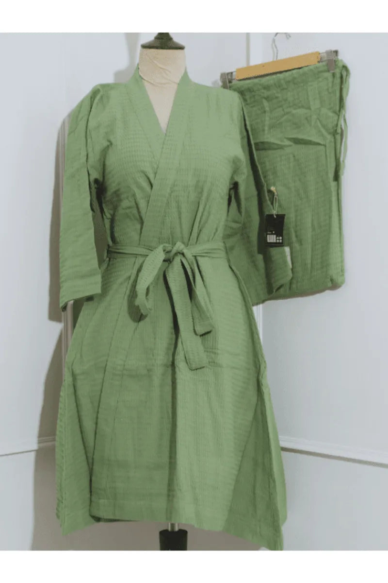 Dark Green Pleated Cotton Bathrobe Set | Unisex | Soft & Stylish