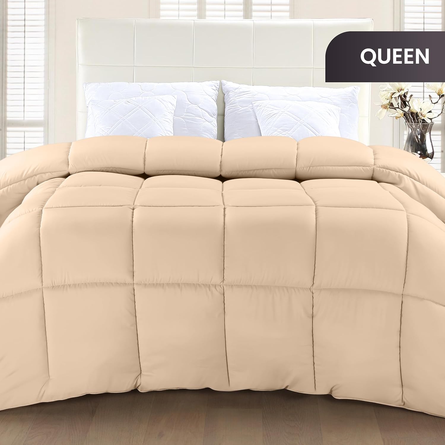 Soft Beige Quilted Comforter with Corner Tabs