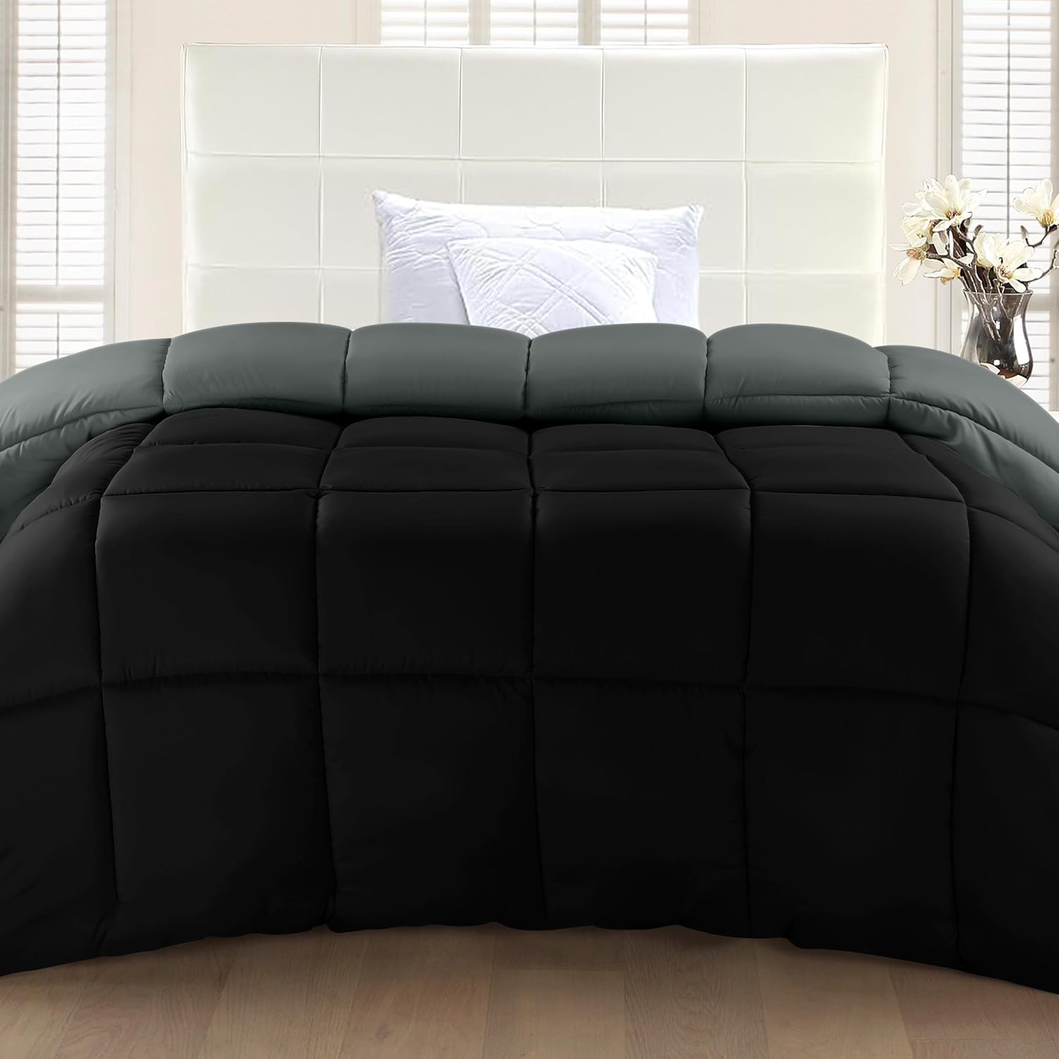 Soft Black/Gray Quilted Comforter with Corner Tabs