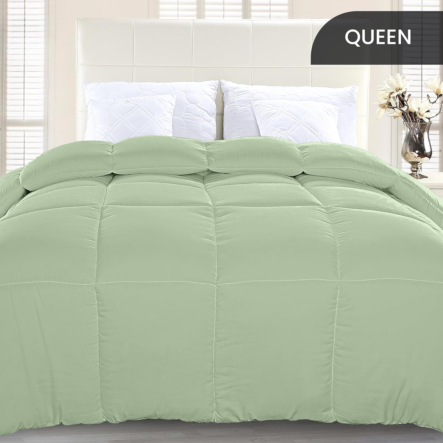Soft Saga Green Quilted Comforter with Corner Tabs