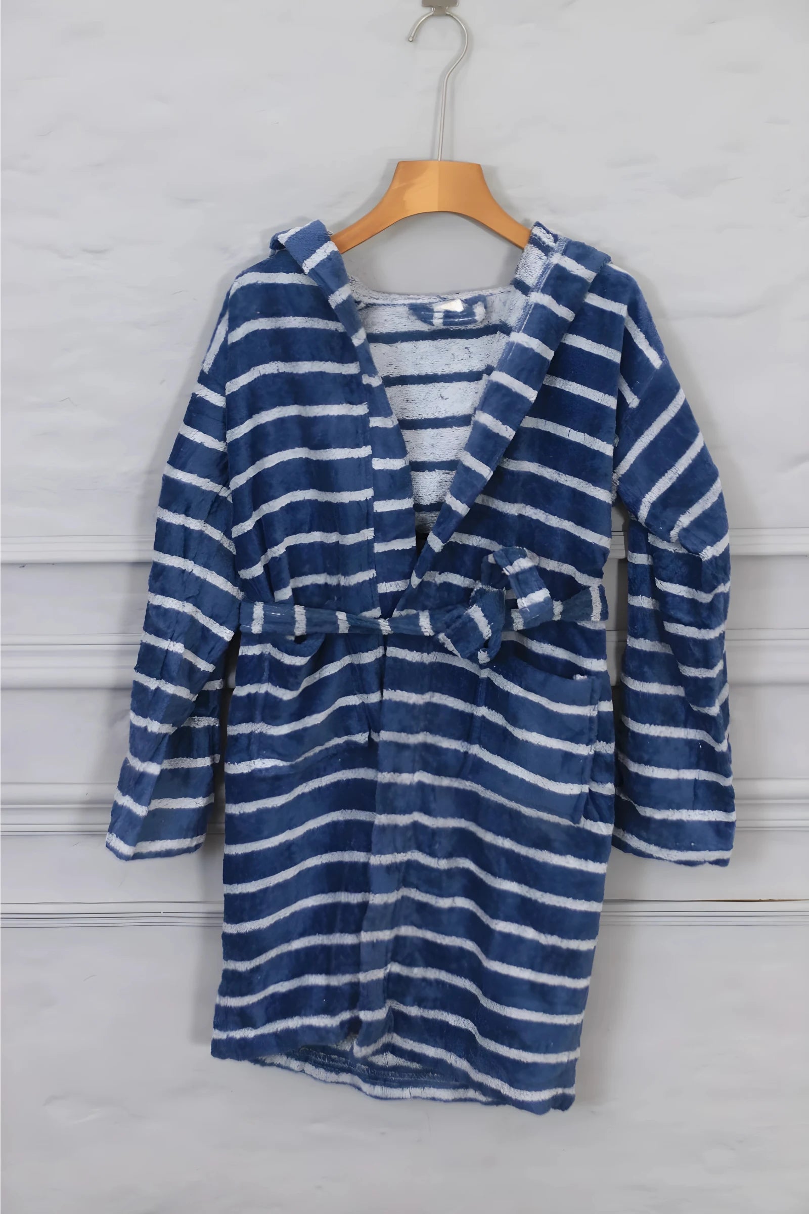 Kids Cotton Velvet Bathrobes (Blue and White Stripes)