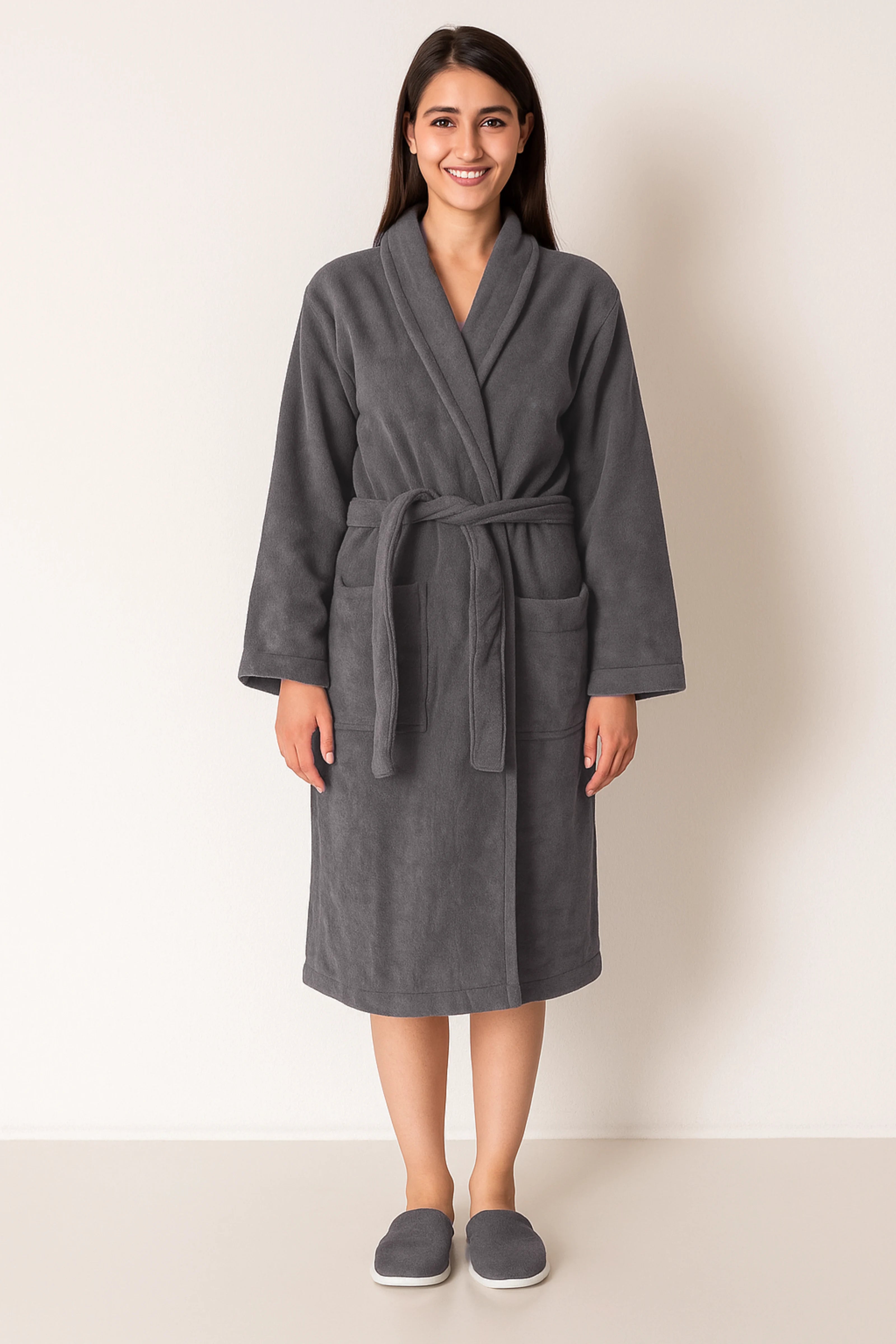Unisex Luxury Shawl Collar Bathrobe – Soft Microfiber, Classic Grey