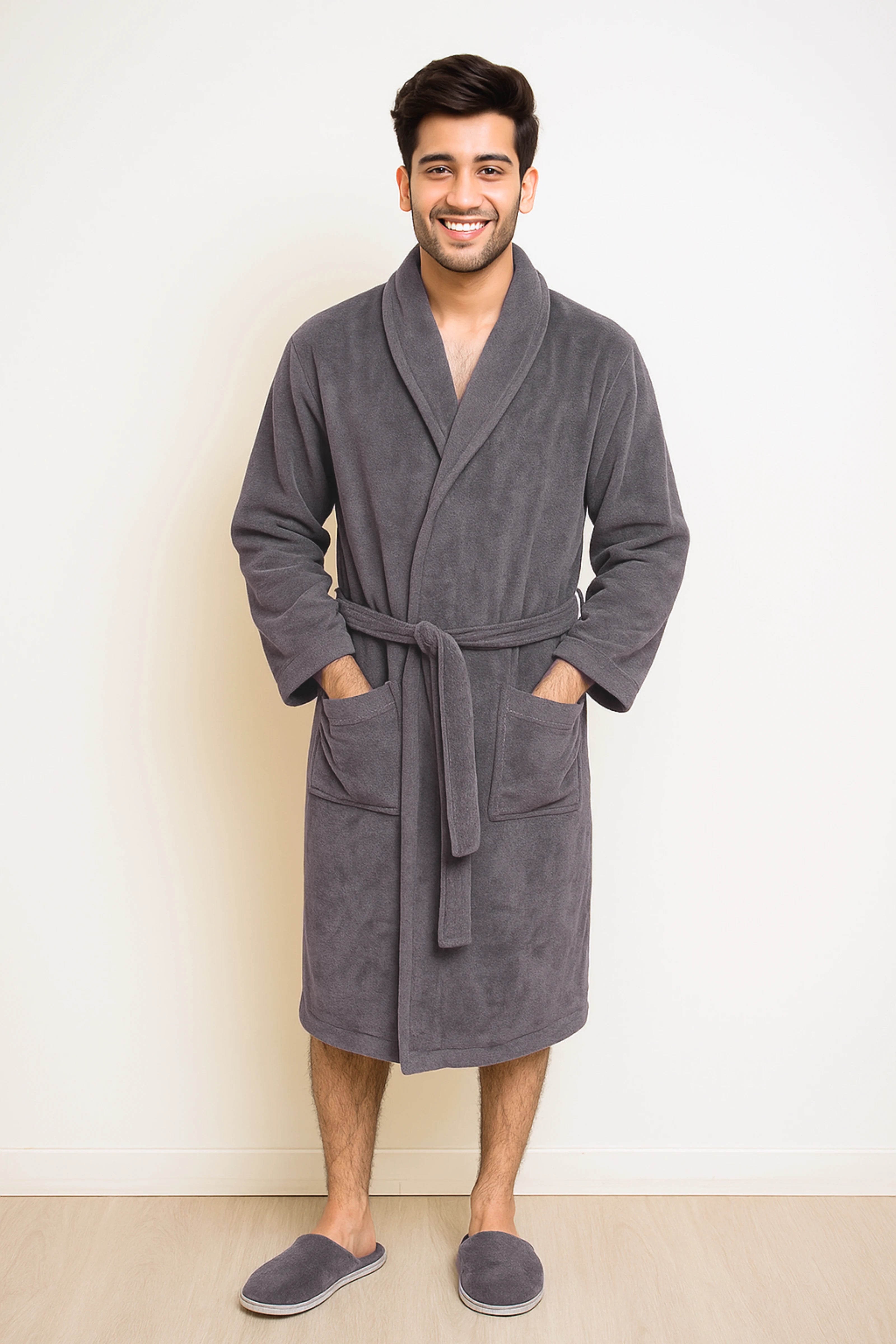 Unisex Luxury Shawl Collar Bathrobe – Soft Microfiber, Classic Grey