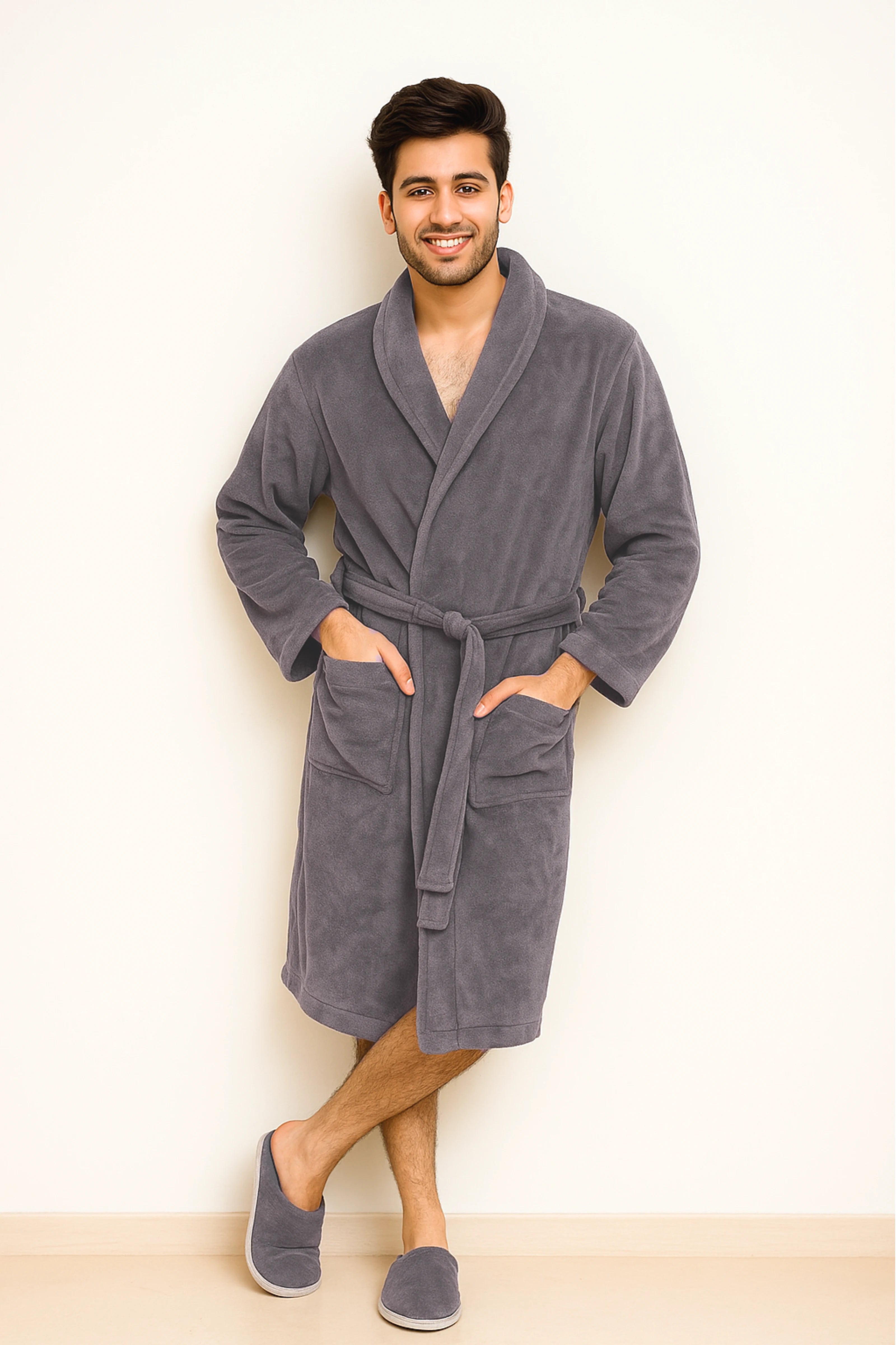 Unisex Luxury Shawl Collar Bathrobe – Soft Microfiber, Classic Grey