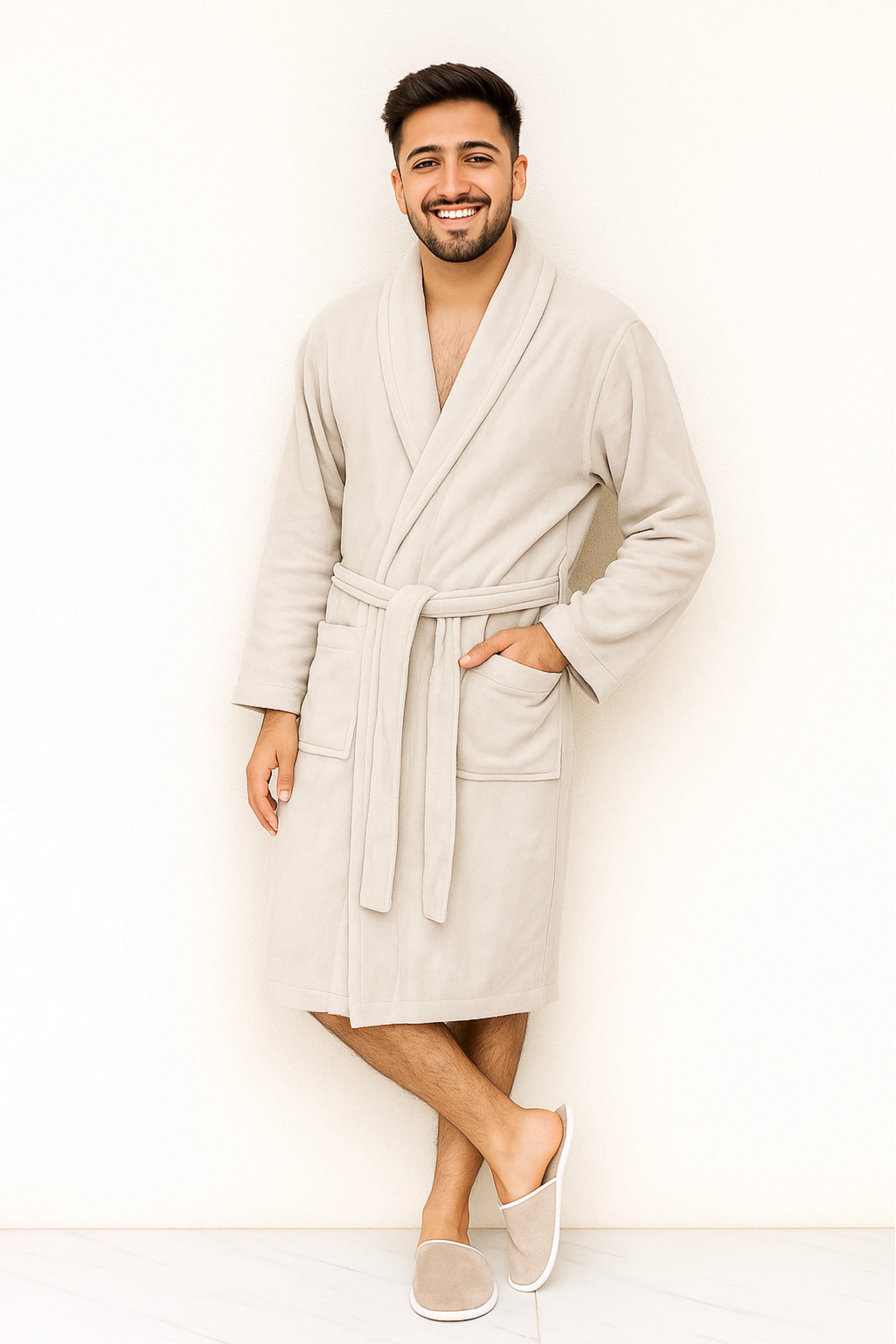 Unisex Classic Bathrobe – Soft Beige, Microfiber, Minimalist Design