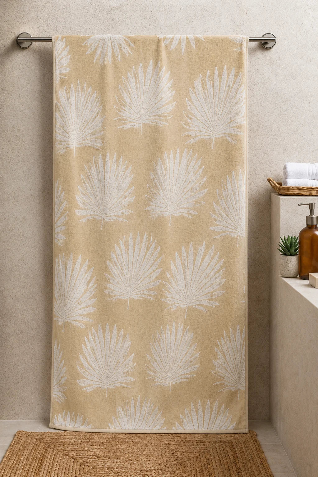Beige Leaf Printed 100% Cotton Extra Soft Bath Sheet Towel – 35 × 70 Inches