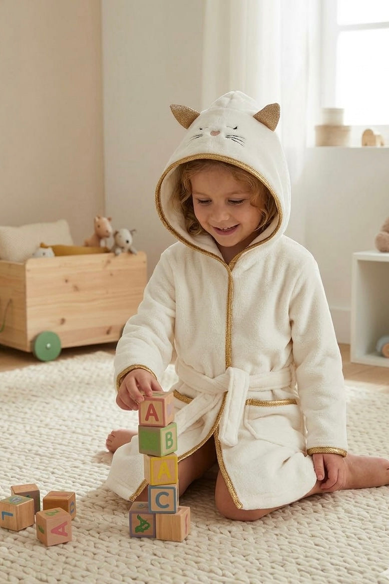 Cream Cat Kids Bathrobe – Soft & Cozy | 4–8 Years