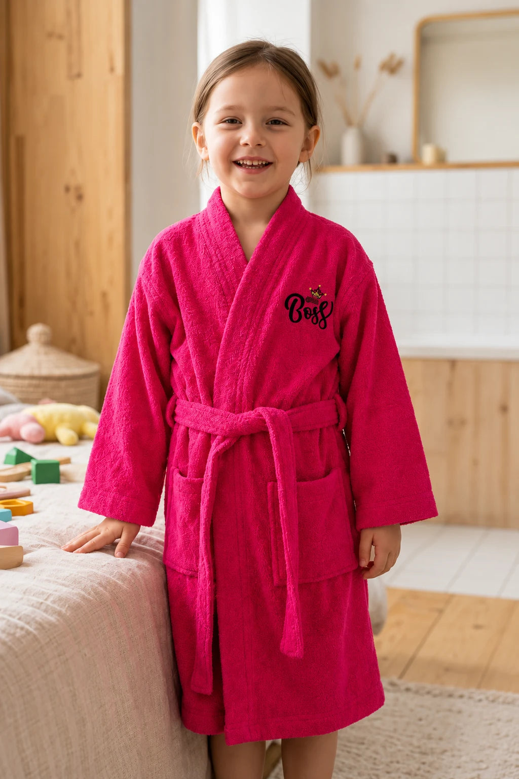 Little Boss Girls Kids Bathrobe – Hot Pink Soft & Cozy (Ages 6, 8, 10, 12 Years)