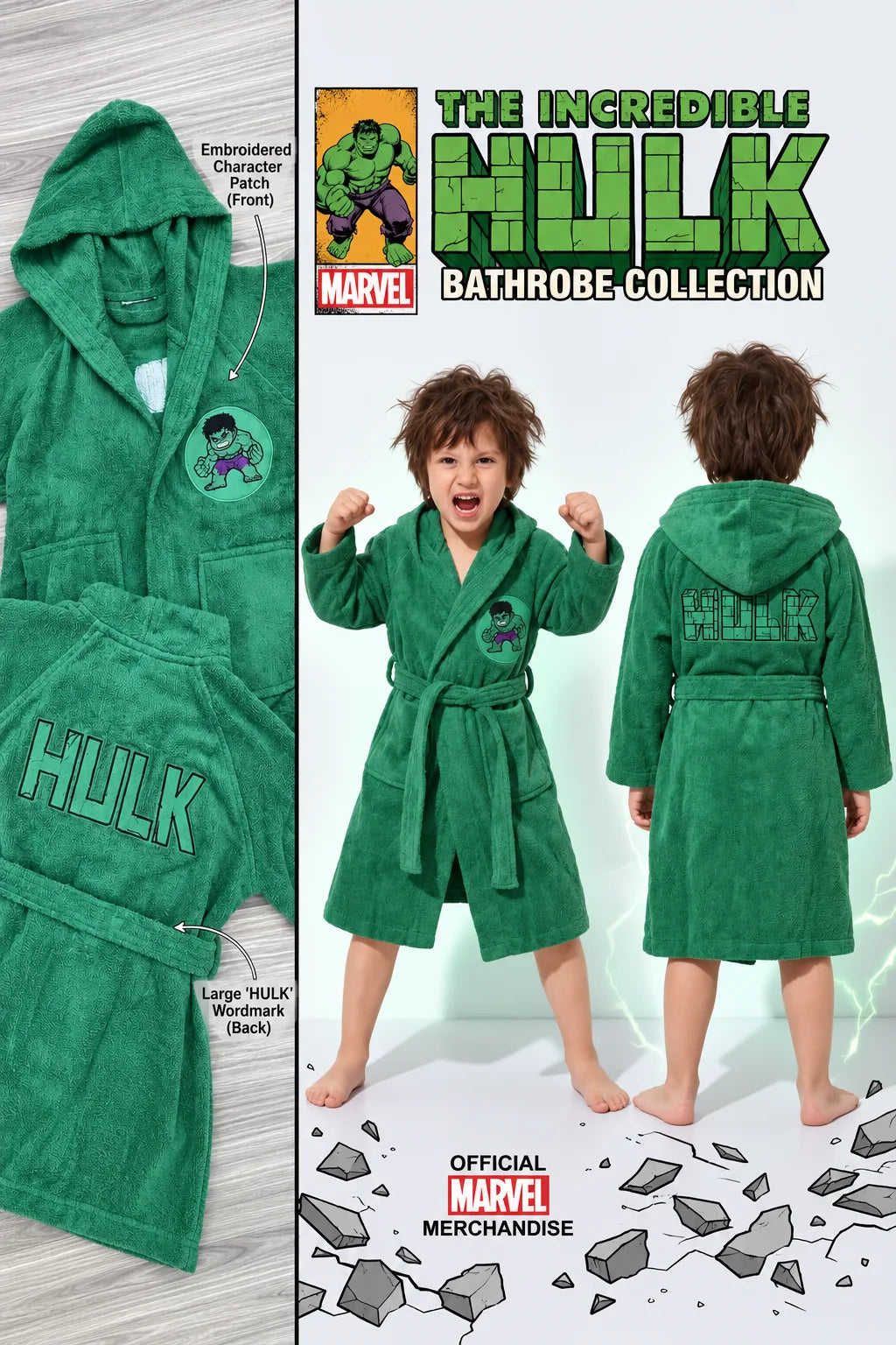 Hulk Hooded Kids Bathrobe – Green (Ages 6, 8, 10, 12 & 14 Years)