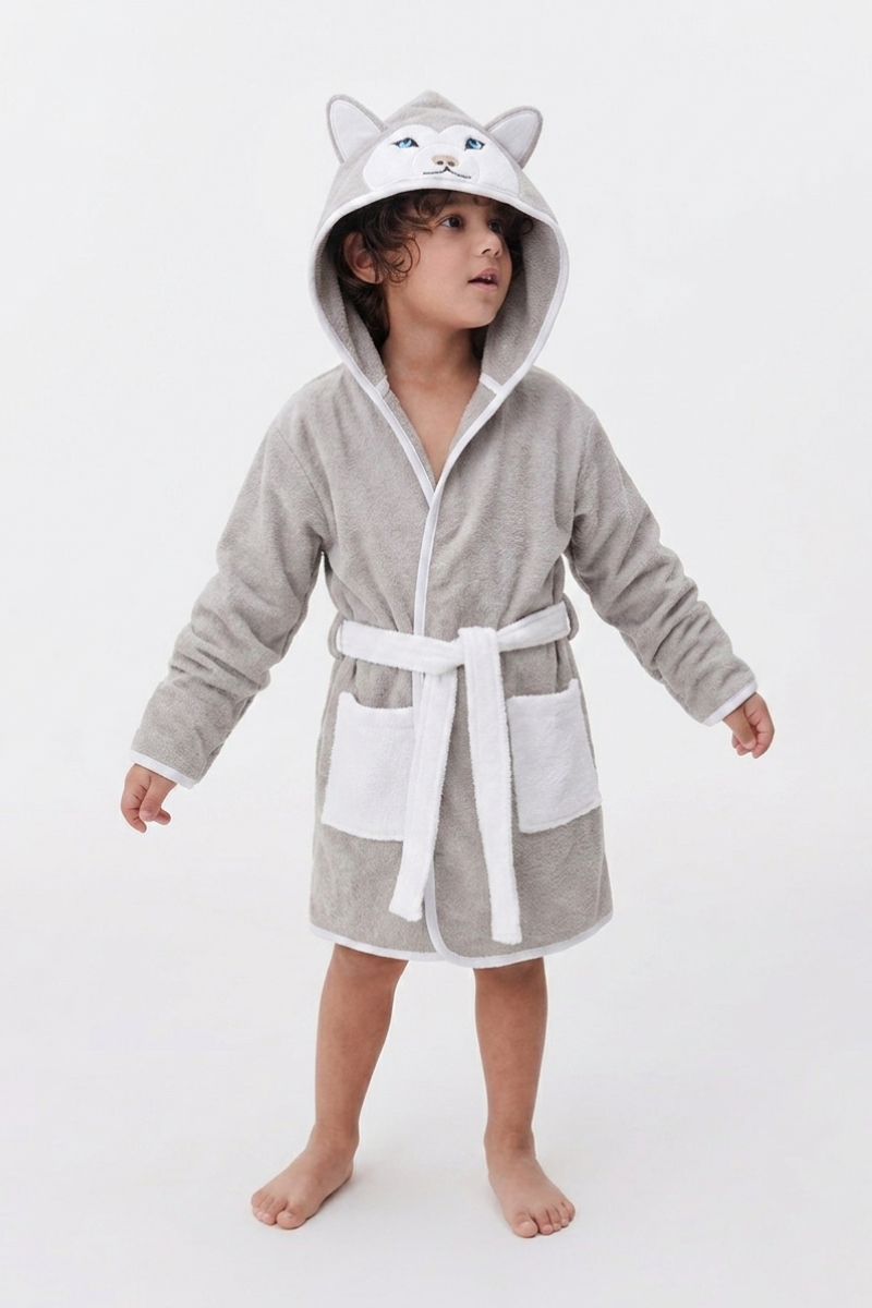 Wolf Hooded Kids Bathrobe – velvet gray (Ages 4, 6, & 8)