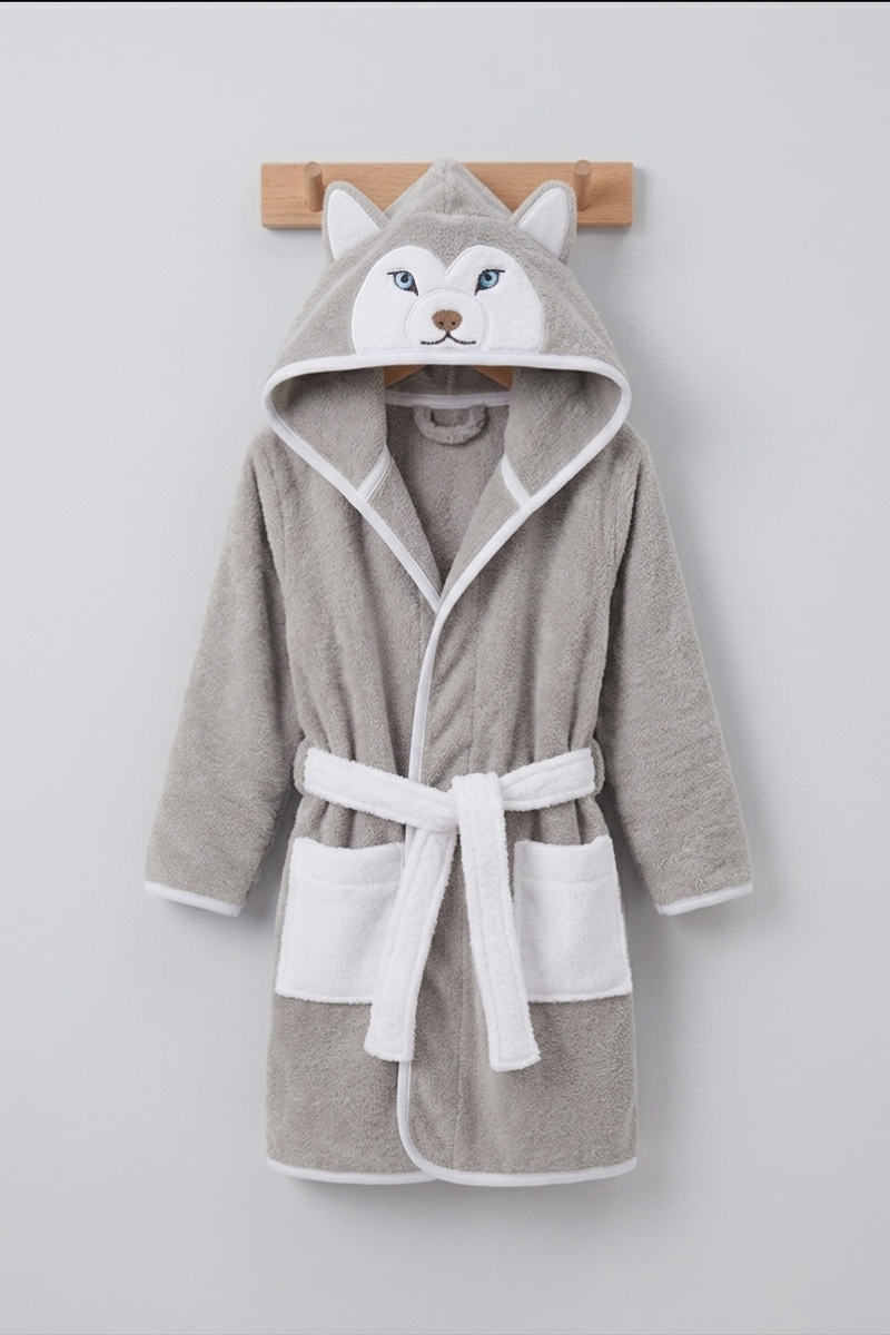 Wolf Hooded Kids Bathrobe – velvet gray (Ages 4, 6, & 8)