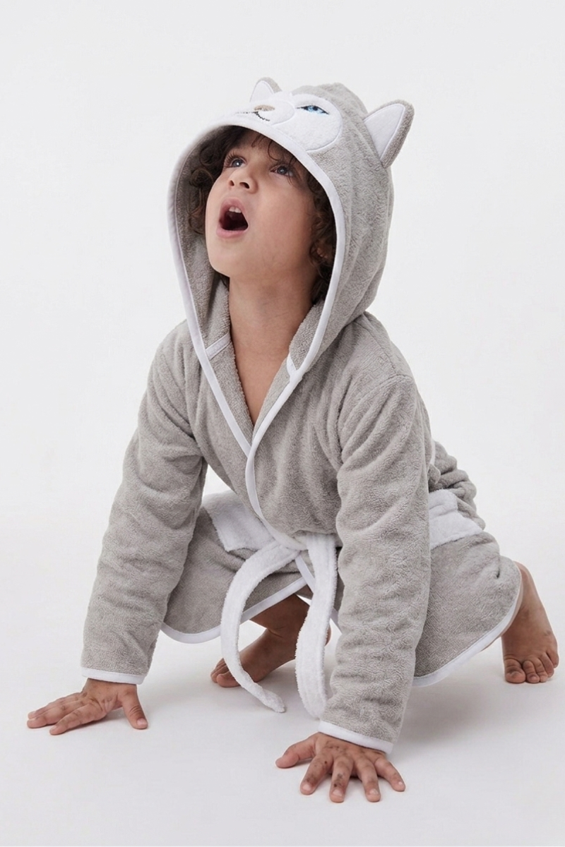 Wolf Hooded Kids Bathrobe – velvet gray (Ages 4, 6, & 8)
