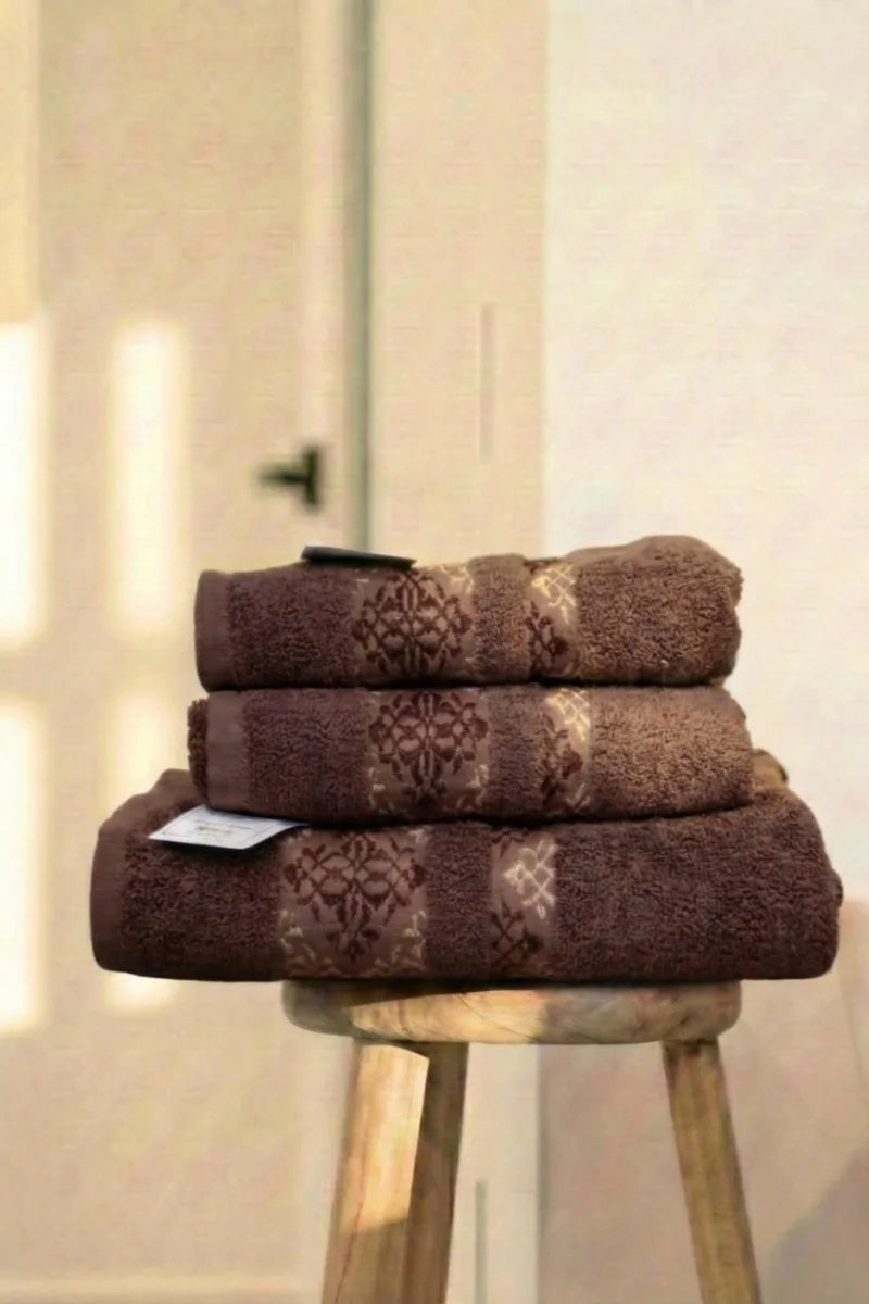 Cotton Towels Set | 3 Pcs | Elegant 3D Design | Available in Multiple Colors