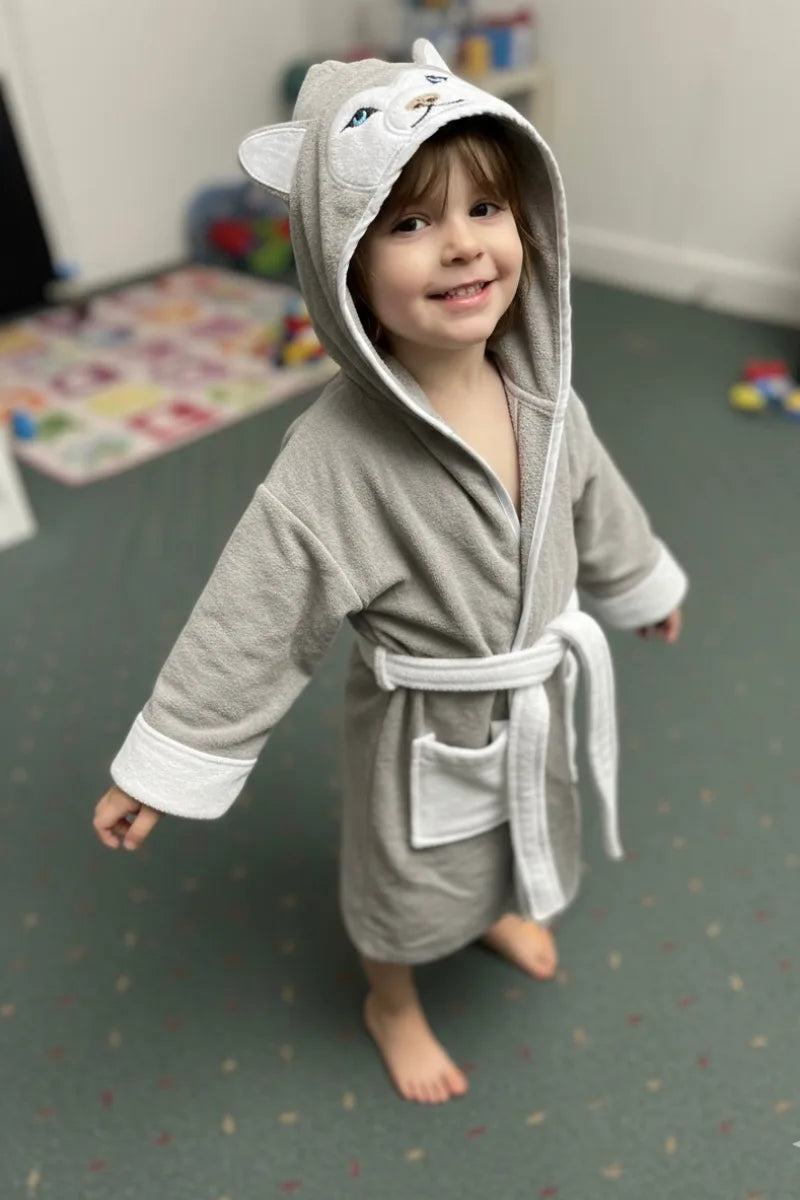 Wolf Hooded Kids Bathrobe – velvet gray (Ages 4, 6, & 8)