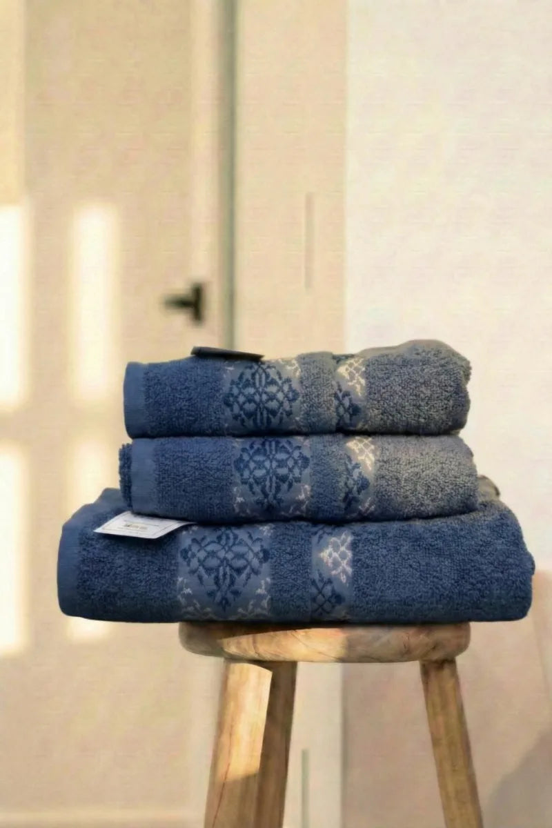 Cotton Towels Set | 3 Pcs | Elegant 3D Design | Available in Multiple Colors