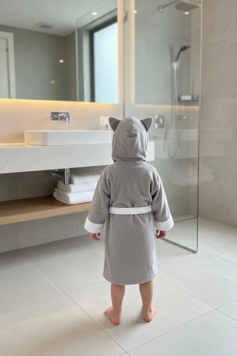 Wolf Hooded Kids Bathrobe – velvet gray (Ages 4, 6, & 8)