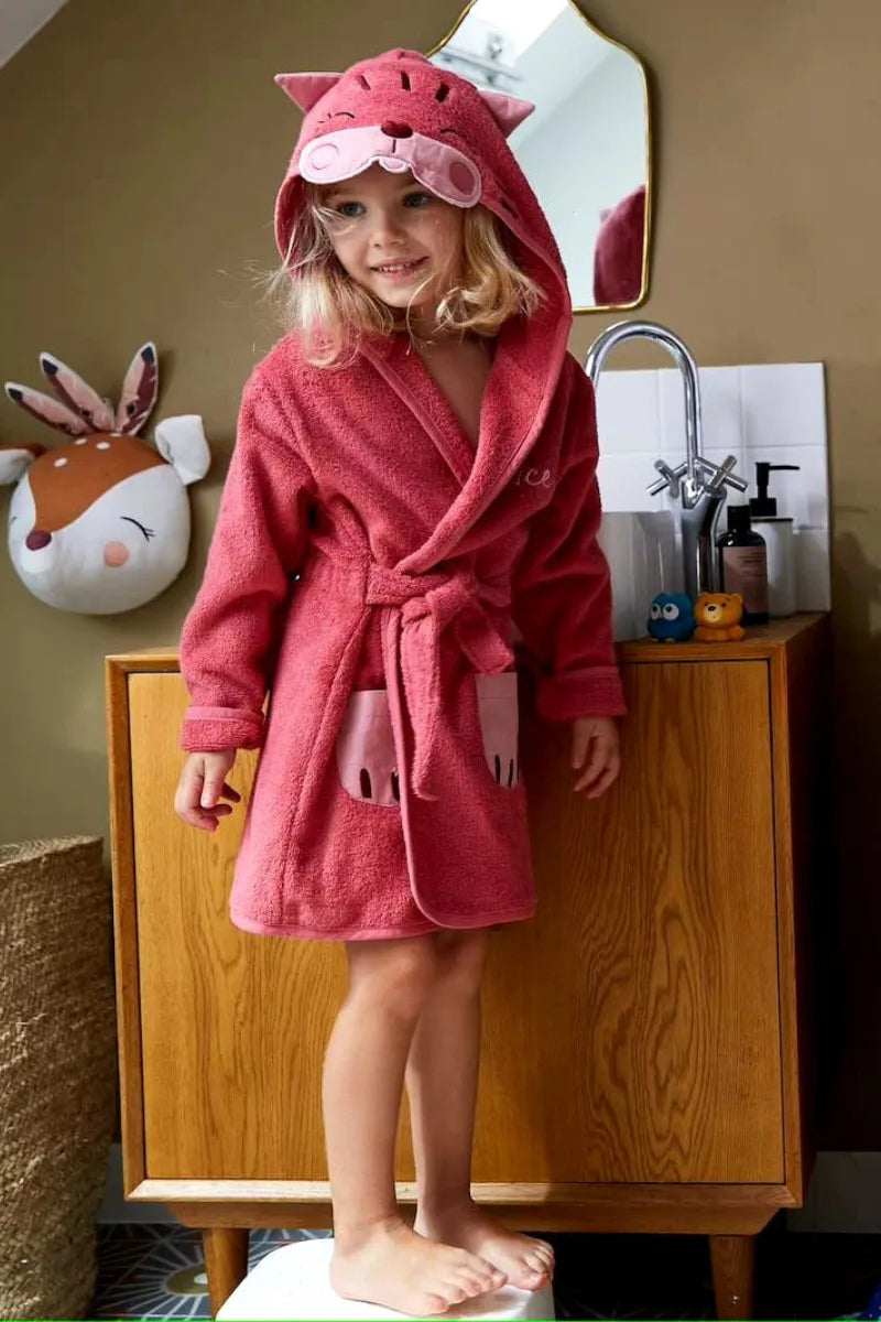 Cat Hooded Kids Bathrobe – Dark Pink (Ages 4 to 10)