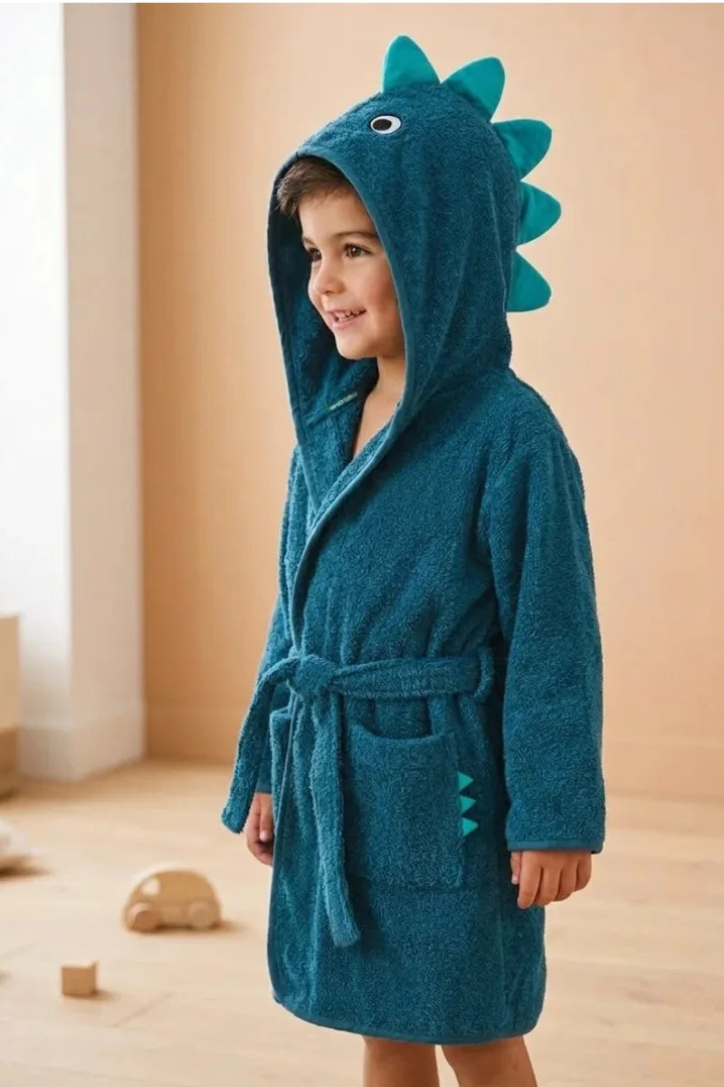 Dinosaur Hooded Kids Bathrobe – Dark Blue (Ages 4, 6, & 8)
