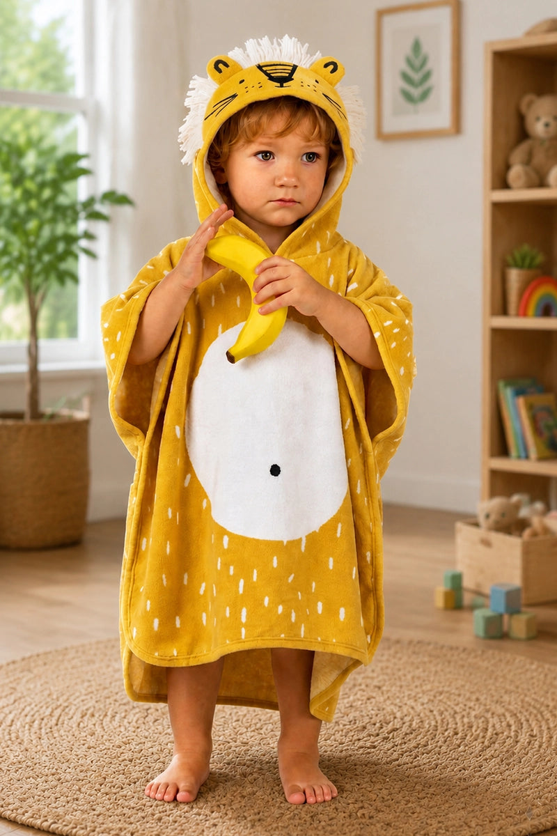 Lion Kids Yellow Hoodie Towel | Printed Poncho Bath Towel