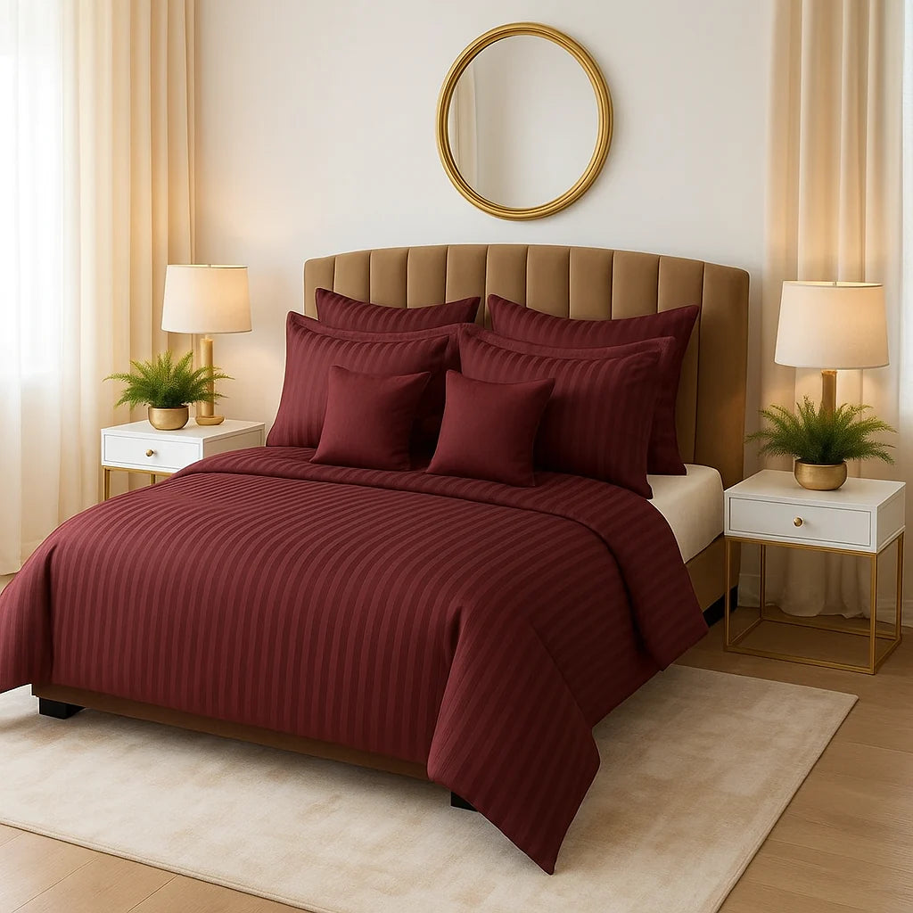 Maroon Satin Stripe Comforter Set – 8 Pieces