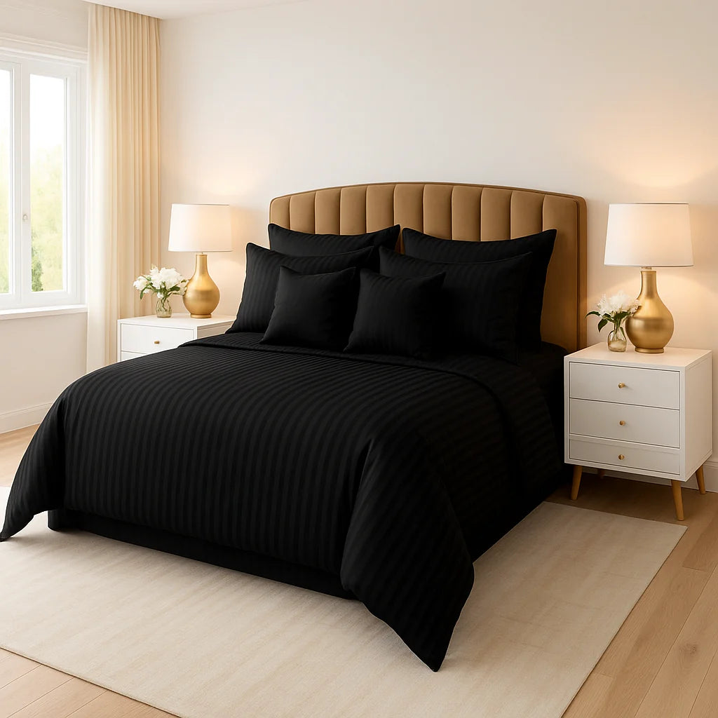Black Satin Stripe Comforter Set – 8 Pieces