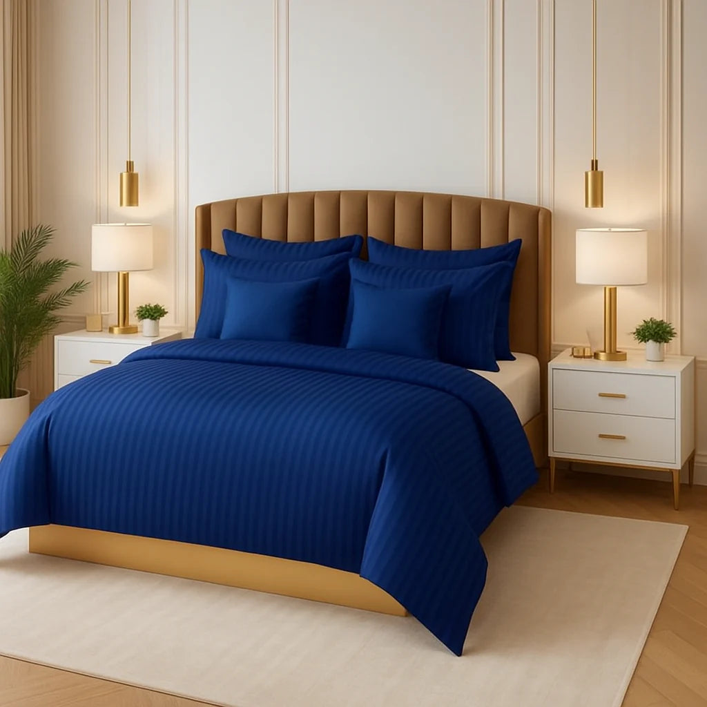 Navy Satin Stripe Duvet Covers Set – 8 Pieces