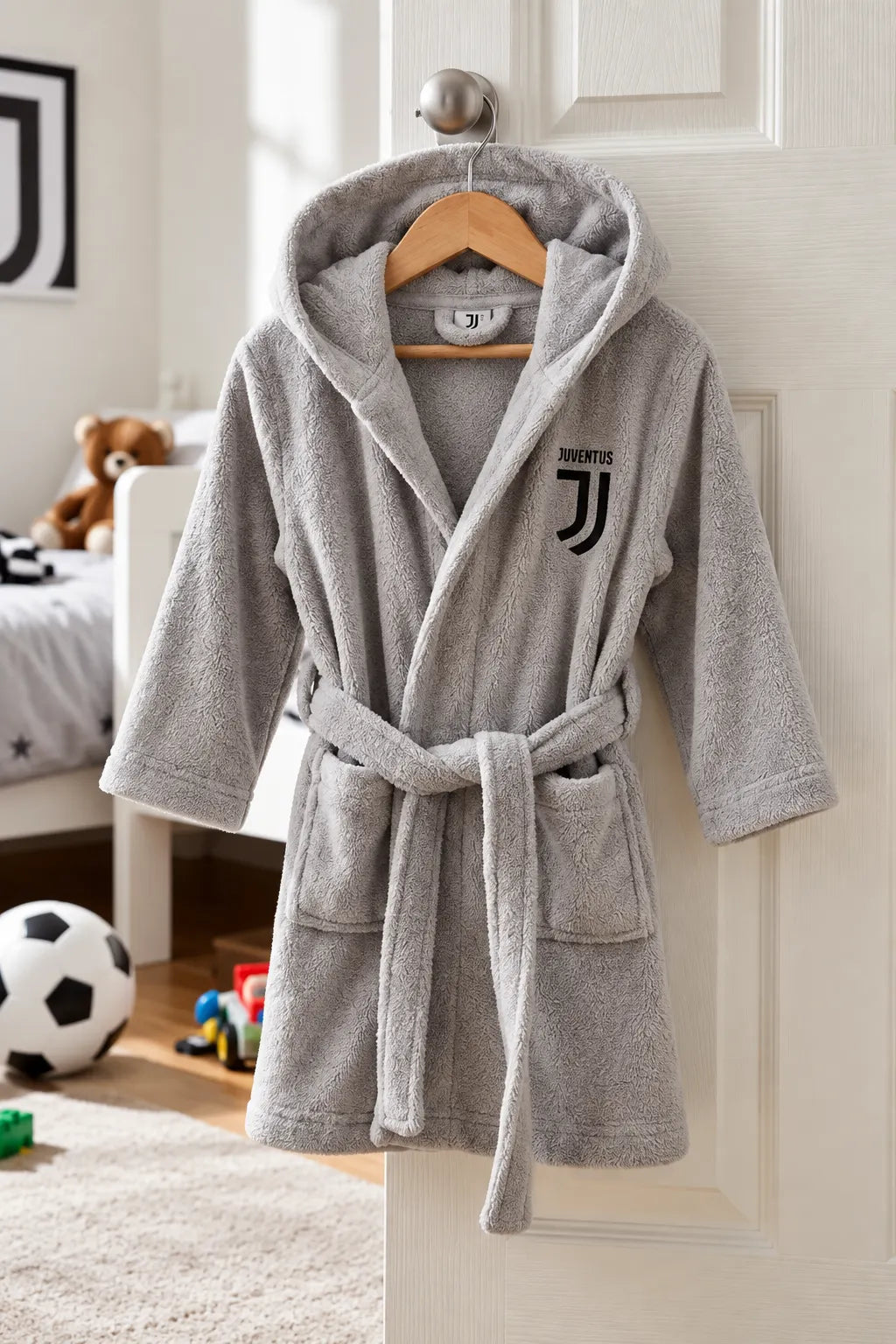 Juventus Hooded Kids Bathrobe – Soft Grey & Cozy (Ages 4, 6, 8, 10, 12 Years)