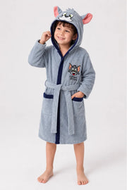 Tom Hooded Kids Bathrobe – Light Grey & Navy Blue (Ages 4, 6, & 8)