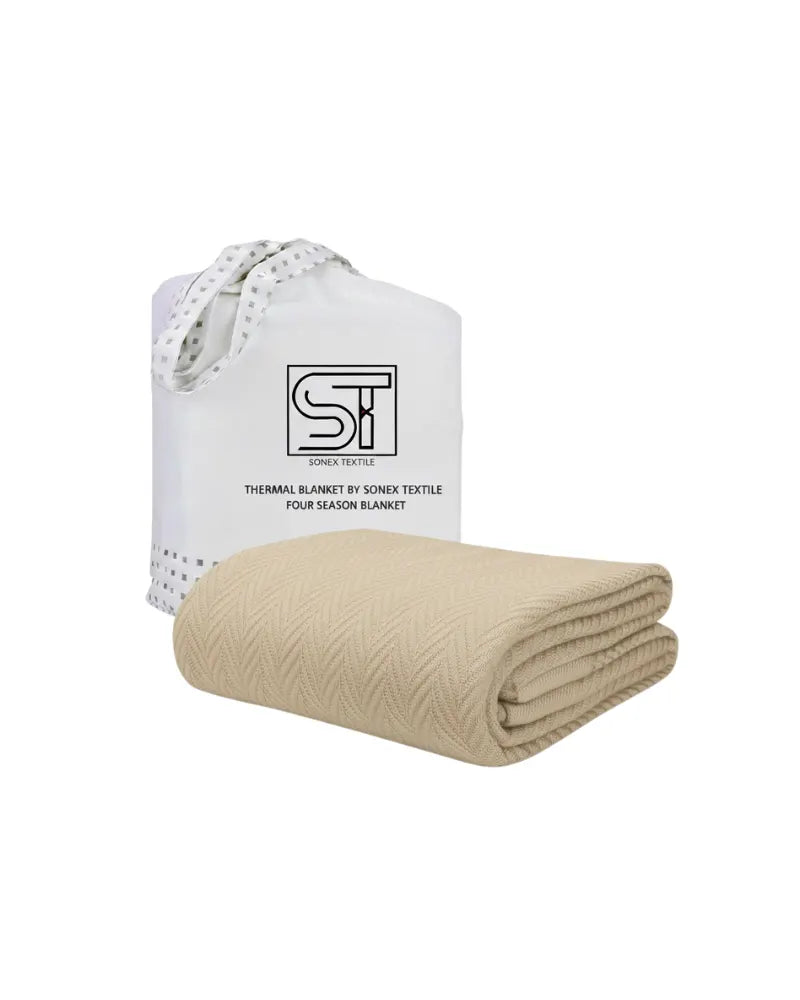 ULTRA SOFT THERMAL BLANKET – Soft Beige (Double Bed 210x240 cm) | 100% Cotton Weave | Four-Season Comfort | 250 GSM