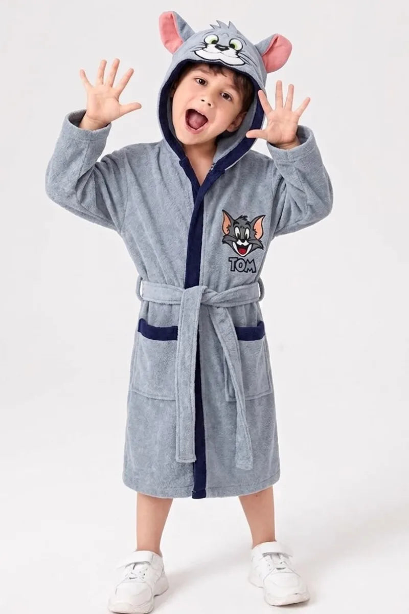 Tom Hooded Kids Bathrobe – Light Grey & Navy Blue (Ages 4, 6, & 8)
