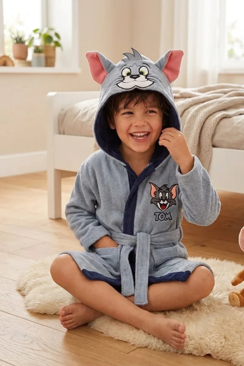 Tom Hooded Kids Bathrobe – Light Grey & Navy Blue (Ages 4, 6, & 8)