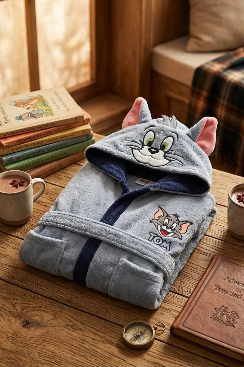 Tom Hooded Kids Bathrobe – Light Grey & Navy Blue (Ages 4, 6, & 8)