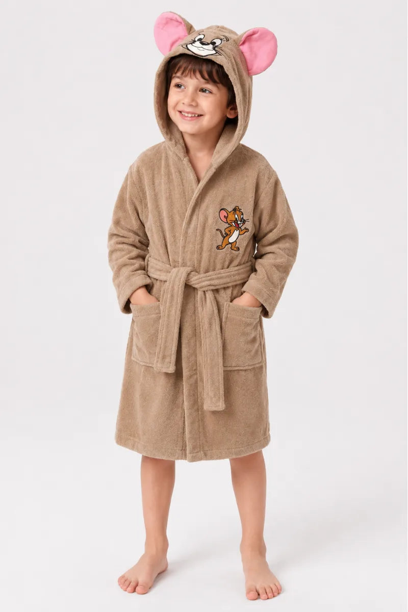 Jerry Hooded Kids Bathrobe – Beige & Pink (Ages 4, 6, & 8)
