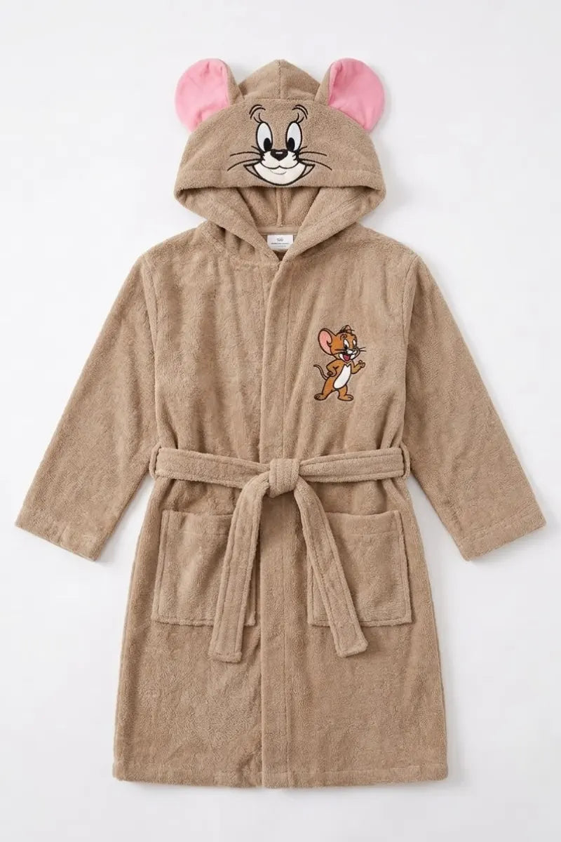 Jerry Hooded Kids Bathrobe – Beige & Pink (Ages 4, 6, & 8)