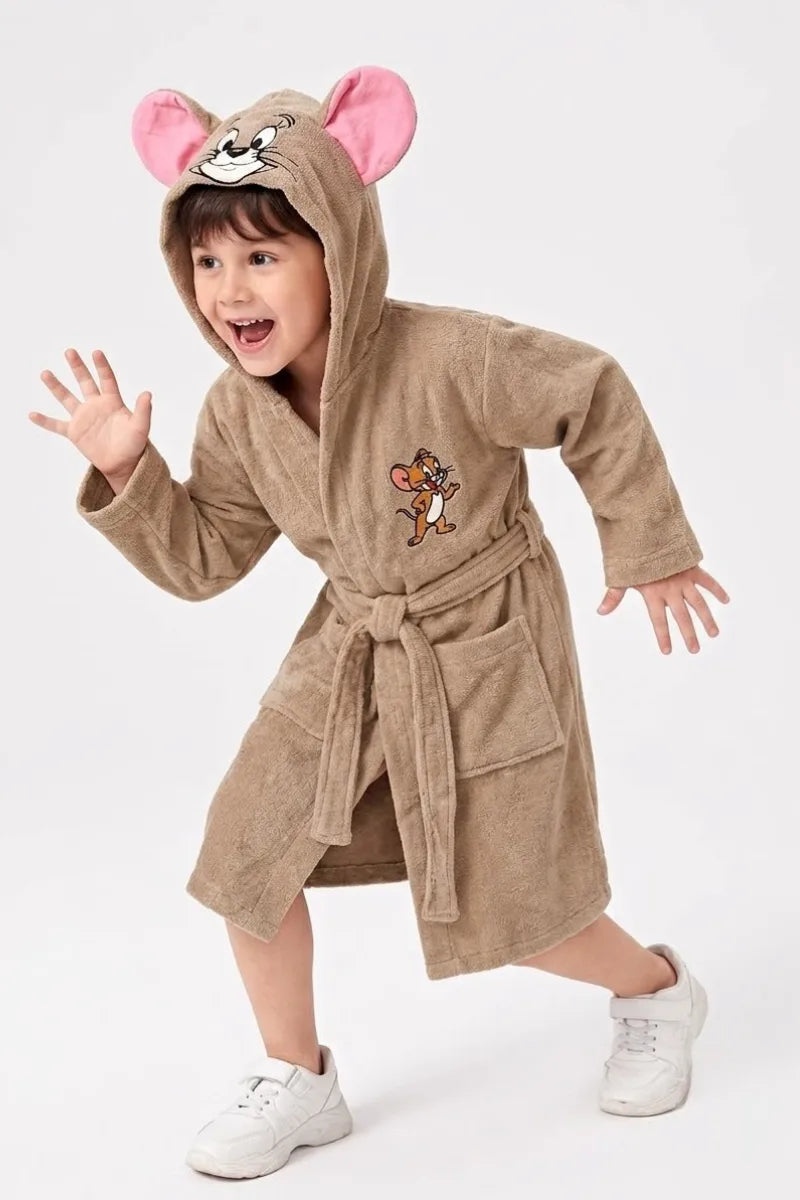 Jerry Hooded Kids Bathrobe – Beige & Pink (Ages 4, 6, & 8)