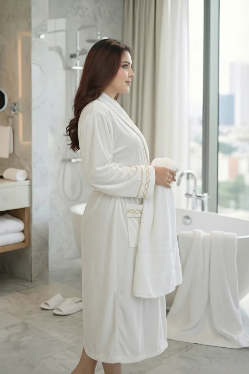 LUXURY VELVET EMBROEDRY BATHROBE | 100% cotton for unisex | with Slipper and Towel