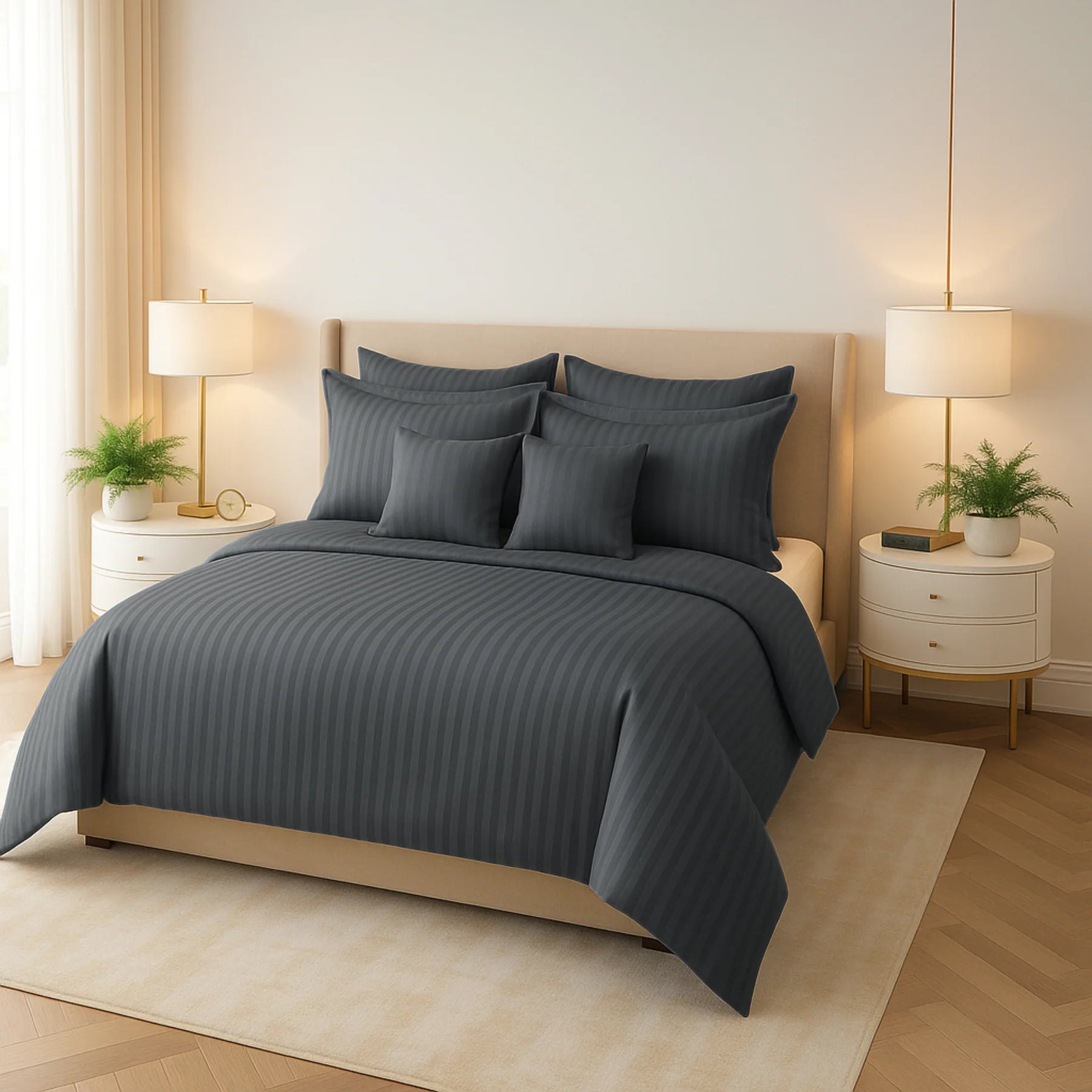 Grey Satin Stripe Duvet Covers Set – 8 Pieces