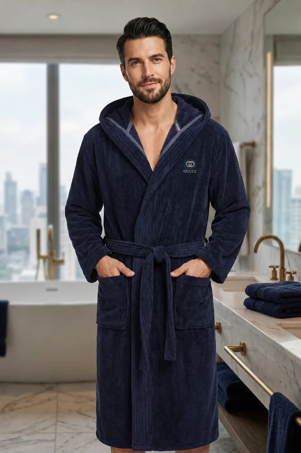 Unisex Velvet Cotton Bathrobe | Premium Light Navy Blue Luxury Robe