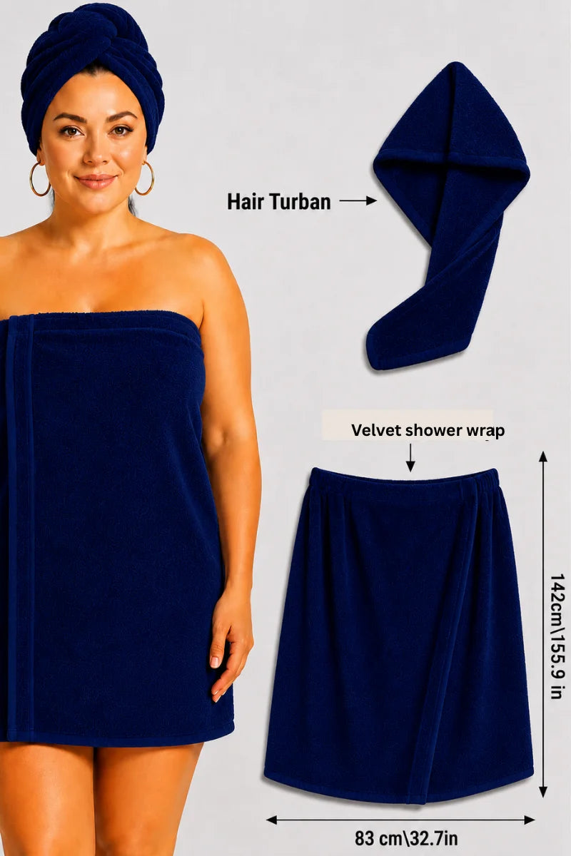 Velvet Shower Wrap with Hair Turban | For Ladies | Highly Absorbent | 4 Colors Available
