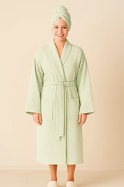 Waffle Weave Bathrobe & Hair Turban Set – Lightweight, Breathable 100% Cotton