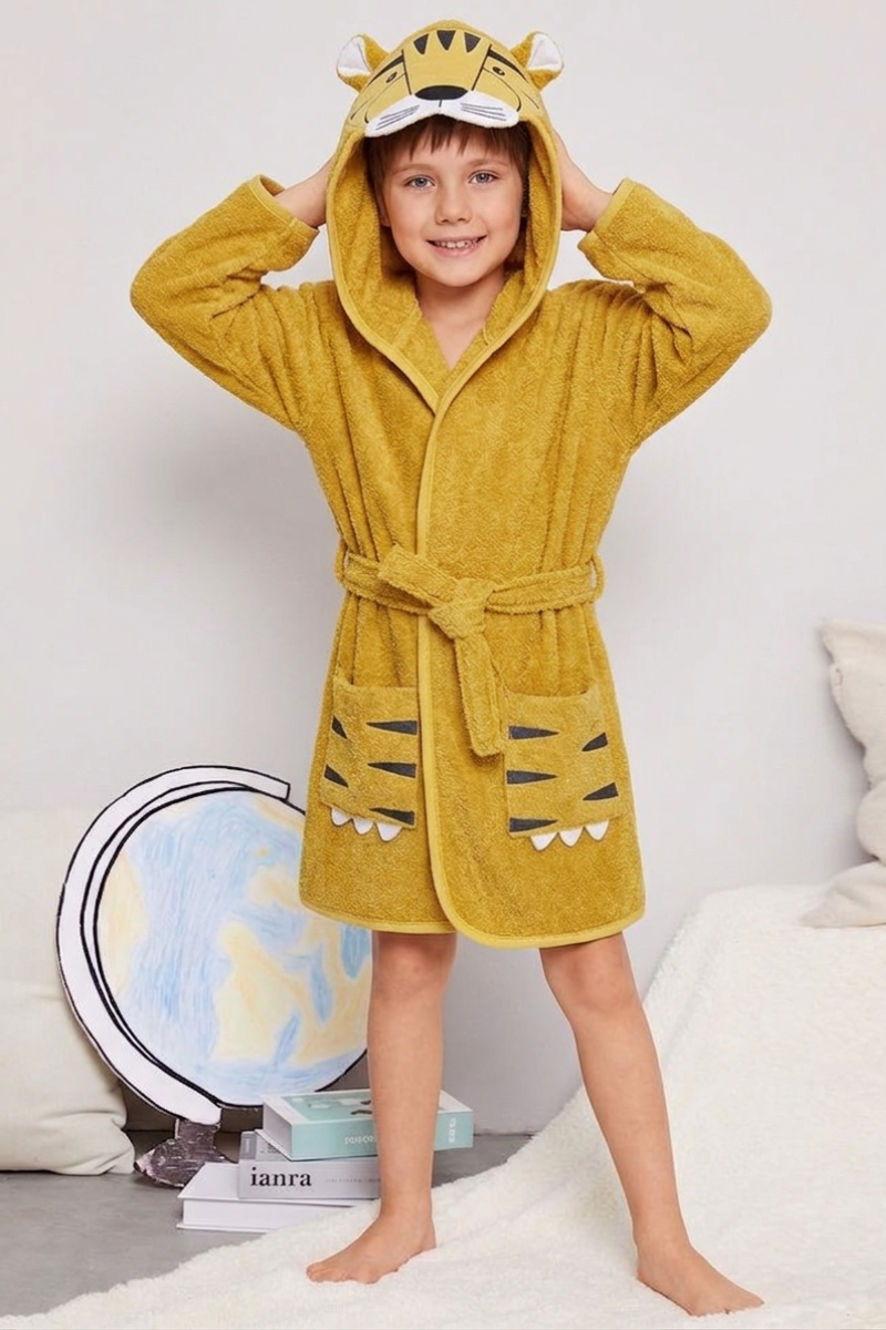 Tiger Hooded Kids Bathrobe – Yellow (Ages 4 to 10)
