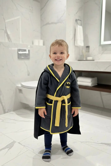 Bat man Hooded Kids Bathrobe – Dark Grey & Black (Ages 4, 6, & 8)