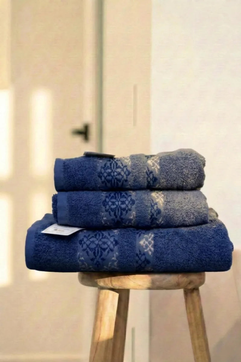 Cotton Towels Set | 3 Pcs | Elegant 3D Design | Available in Multiple Colors
