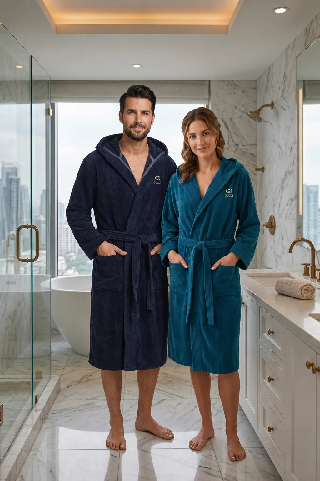 Unisex Velvet Cotton Bathrobe | Premium Light Navy Blue Luxury Robe