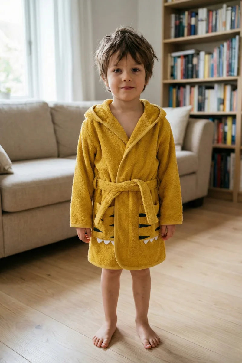 Tiger Hooded Kids Bathrobe – Yellow (Ages 4 to 10)