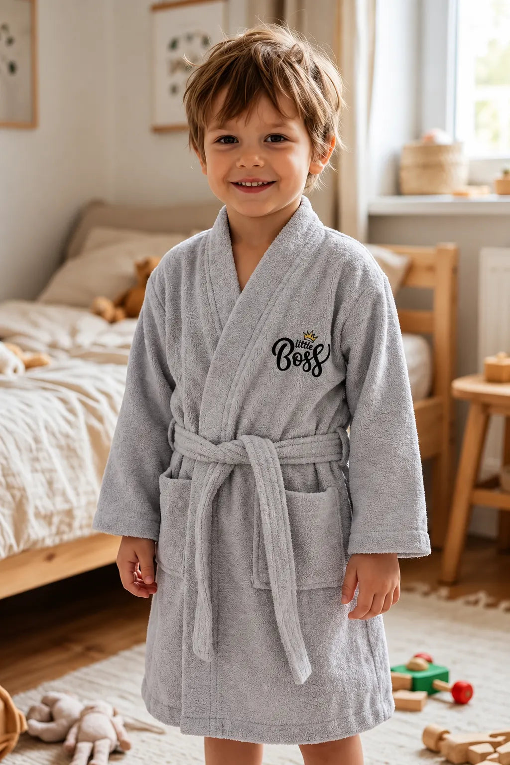 Little Boss Kids Bathrobe – Soft Grey & Cozy (Ages 6, 8, 10, 12 Years)