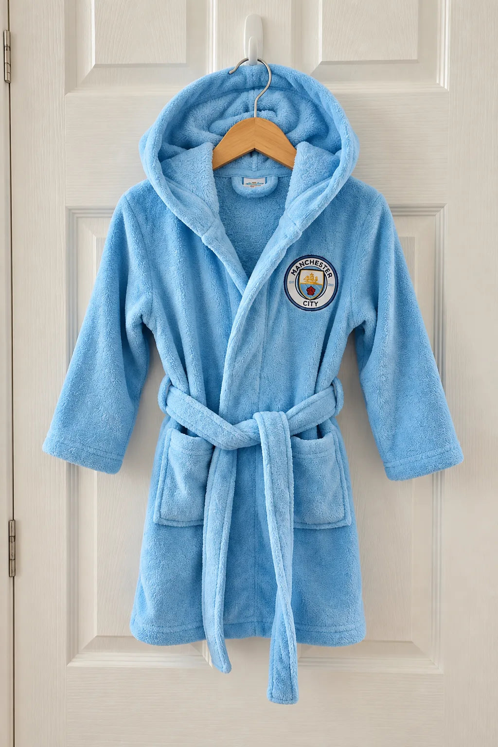 Manchester City Hooded Kids Bathrobe – Sky Blue Soft & Cozy (Ages 4, 6, 8, 10, 12 Years)
